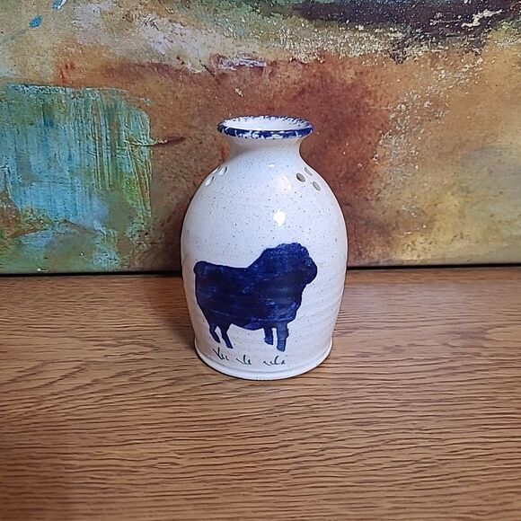 Three Rivers Pottery Jar Vase 1988 Blue Cream Rustic Cottage Speckle 4.25" Tall - Picture 1 of 9